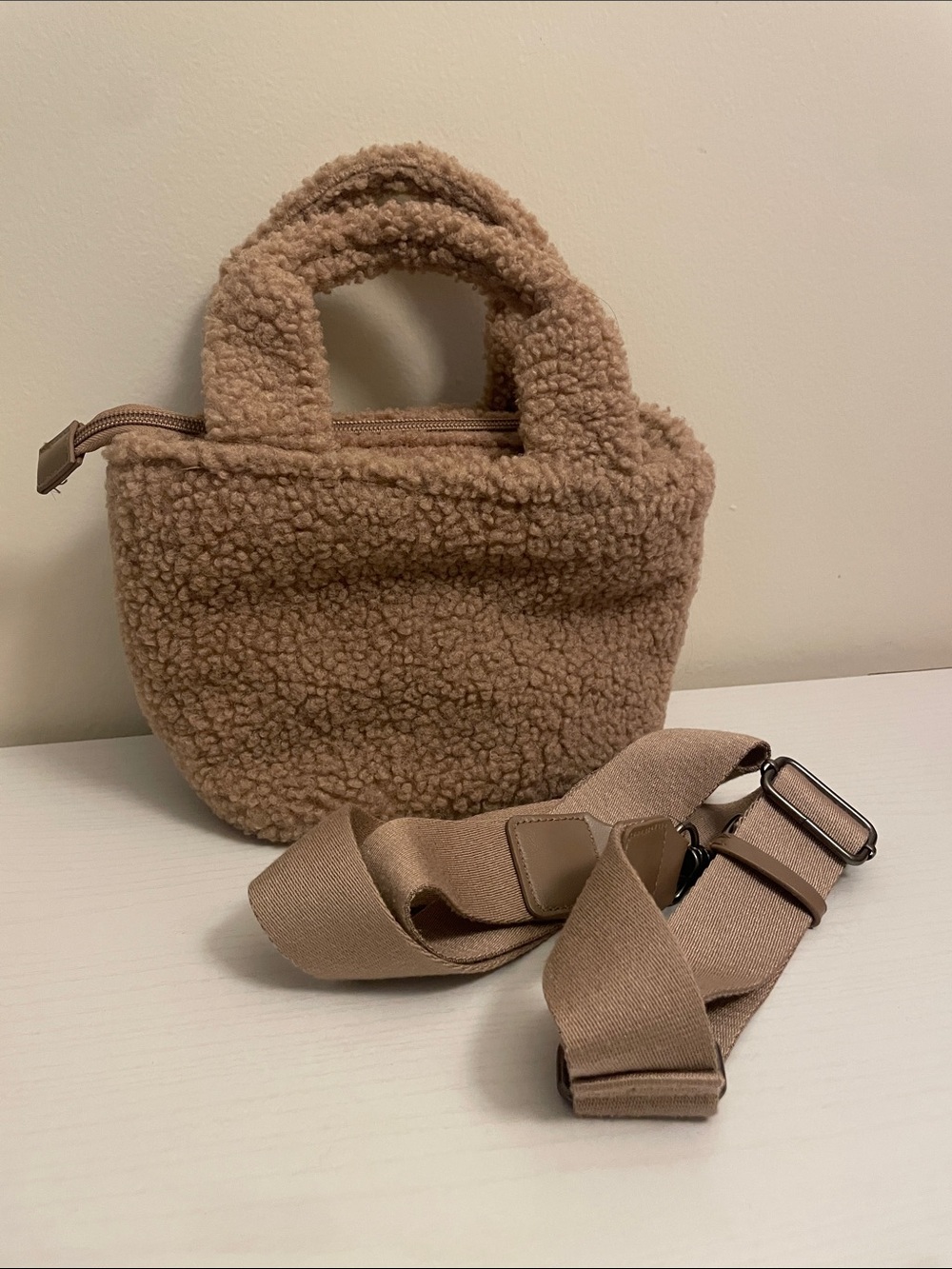 Cozy Teddy Faux Shearling Mini Tote in Camel